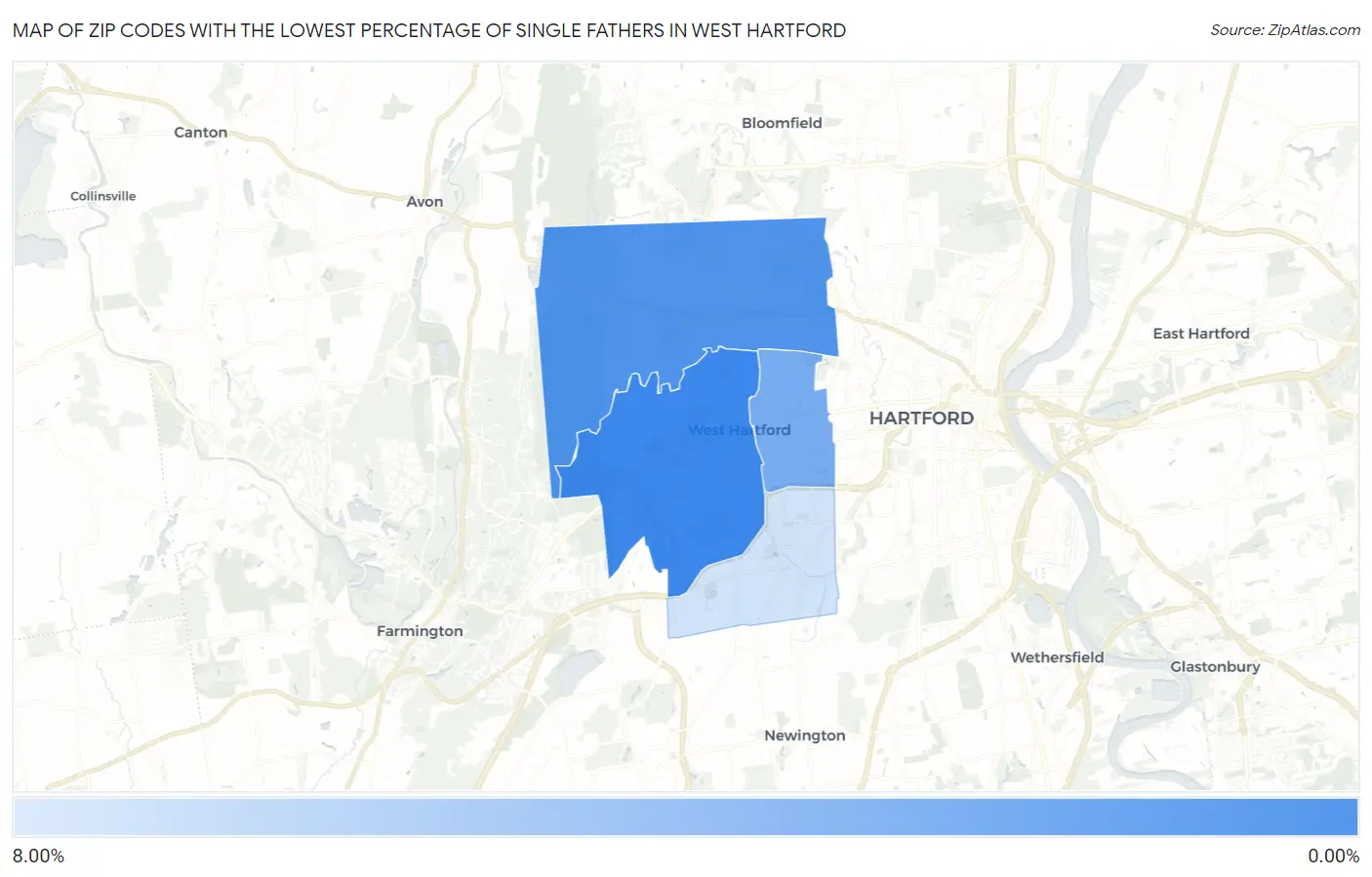 Zip Codes with the Lowest Percentage of Single Fathers in West Hartford Map
