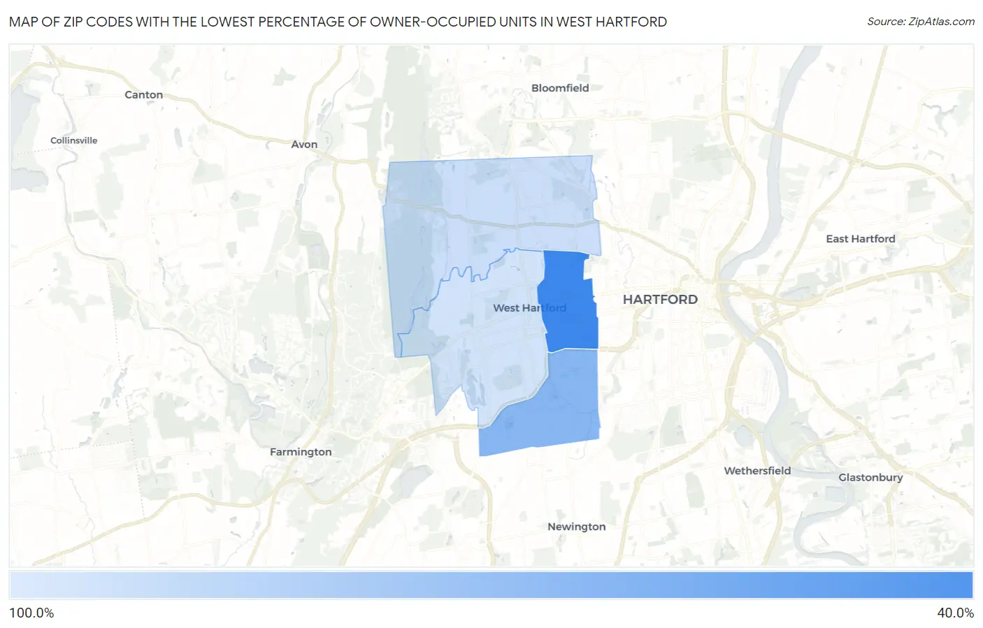 Zip Codes with the Lowest Percentage of Owner-Occupied Units in West Hartford Map
