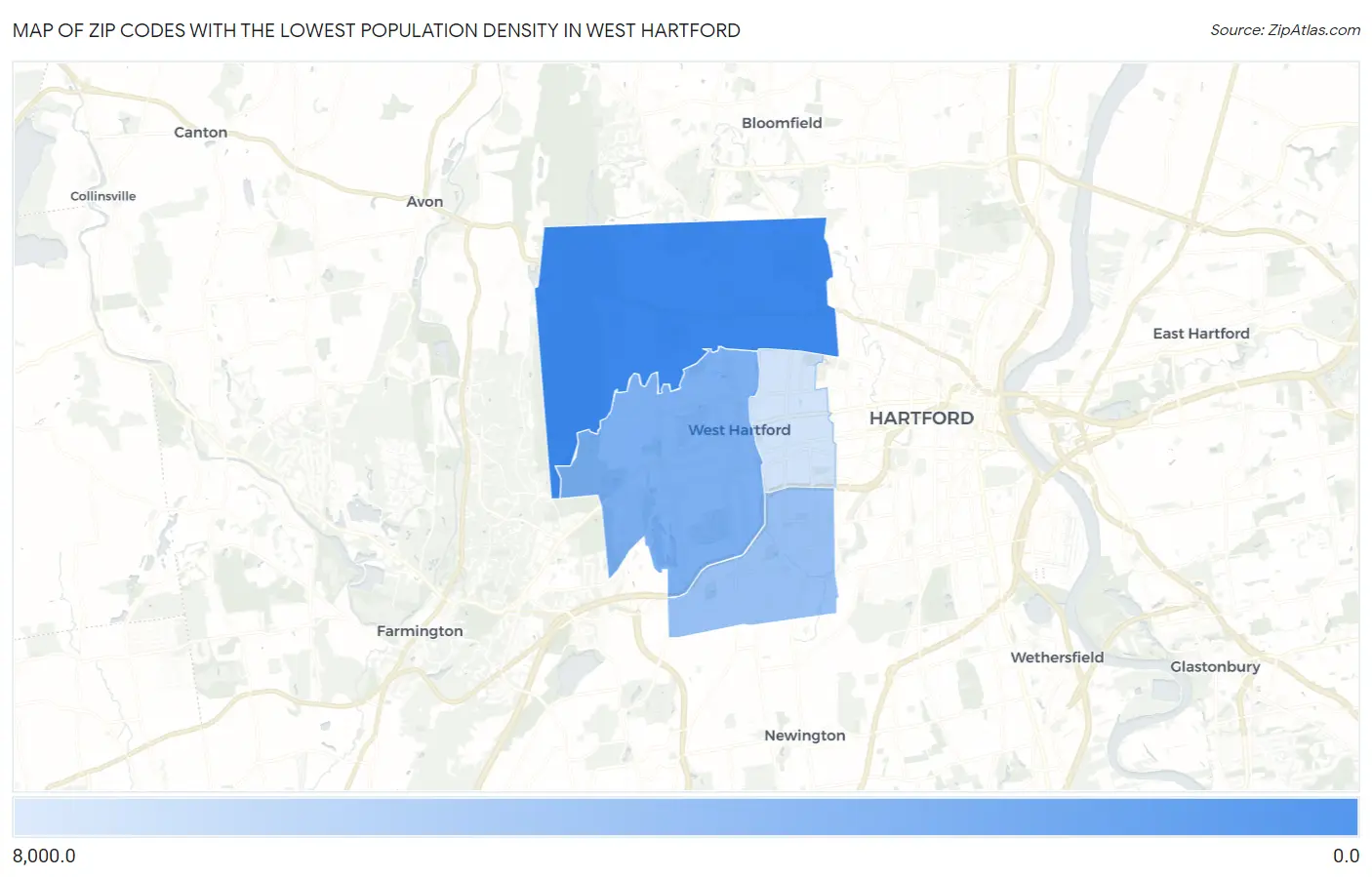 Zip Codes with the Lowest Population Density in West Hartford Map