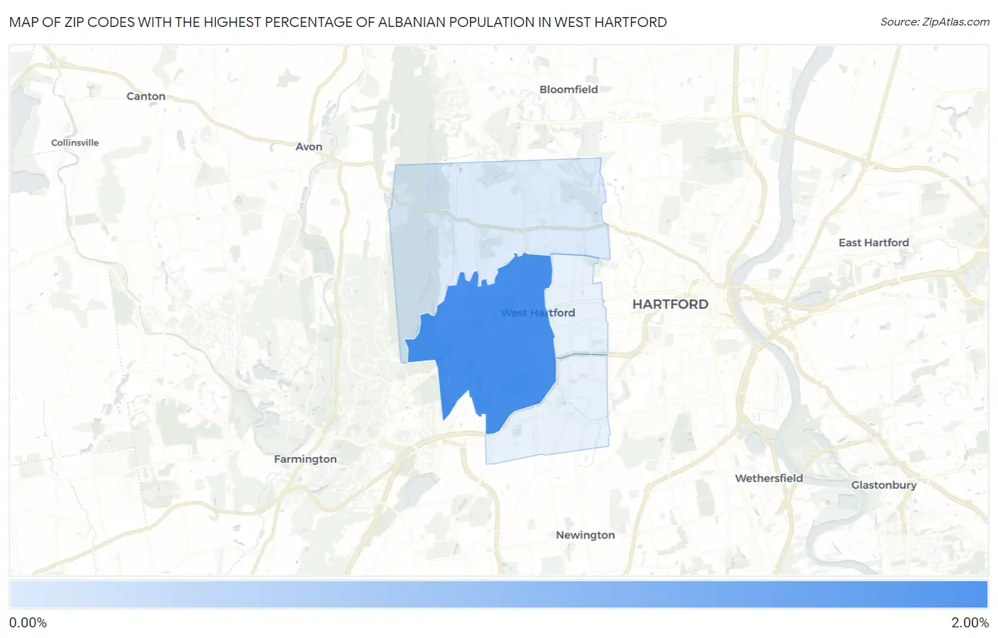 Zip Codes with the Highest Percentage of Albanian Population in West Hartford Map