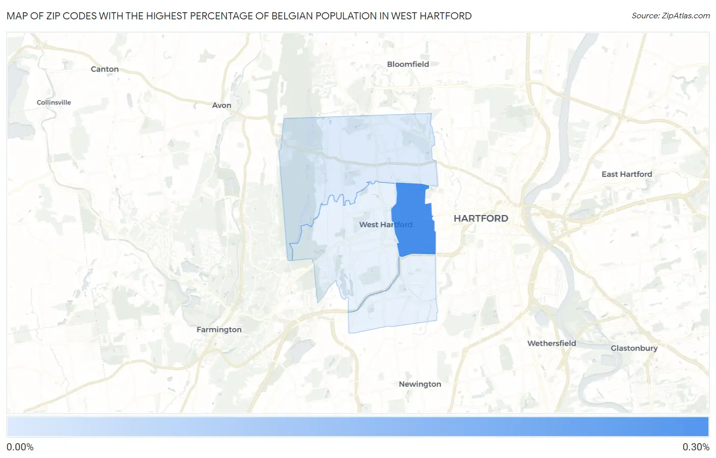 Zip Codes with the Highest Percentage of Belgian Population in West Hartford Map