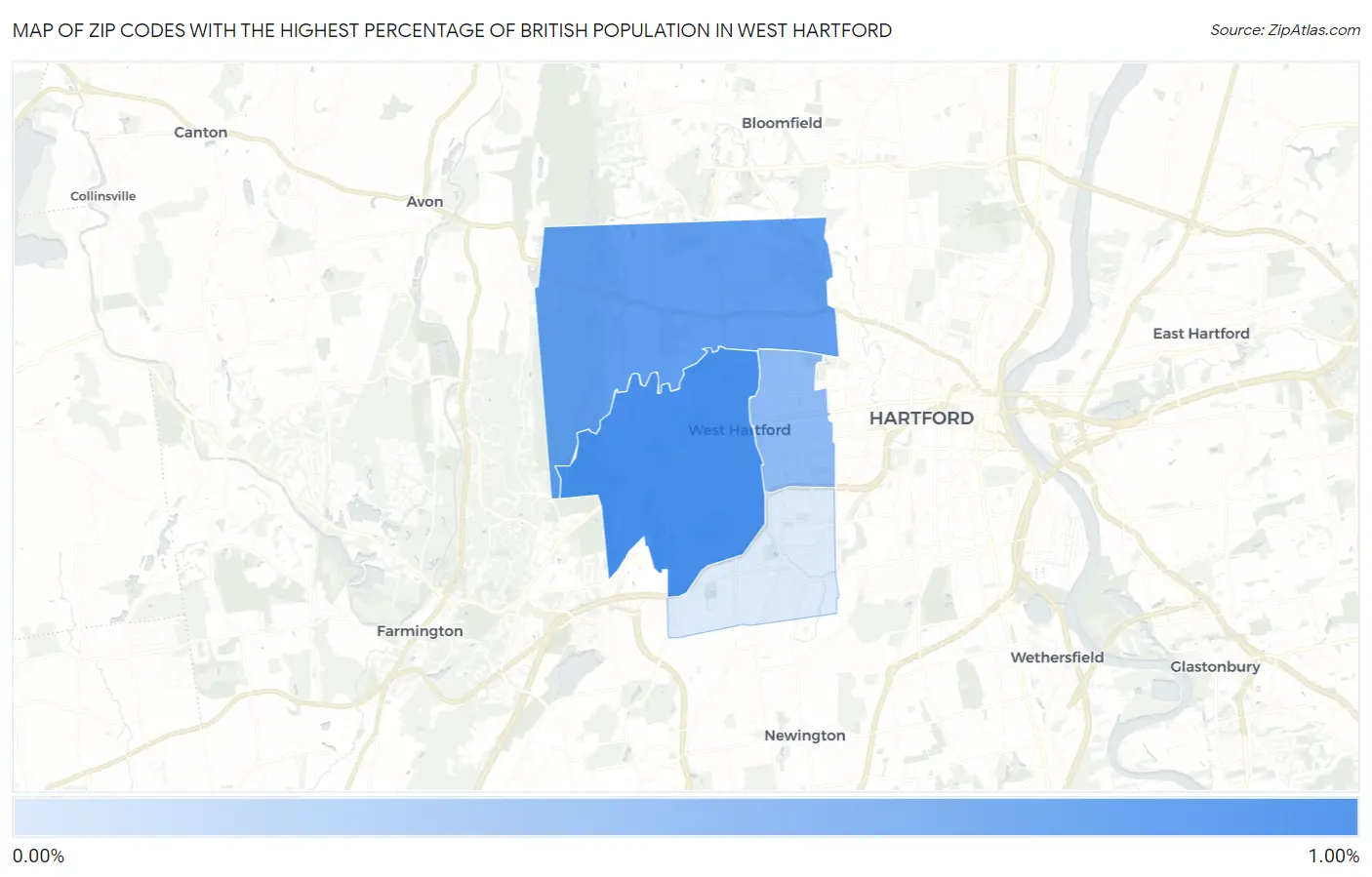 Zip Codes with the Highest Percentage of British Population in West Hartford Map
