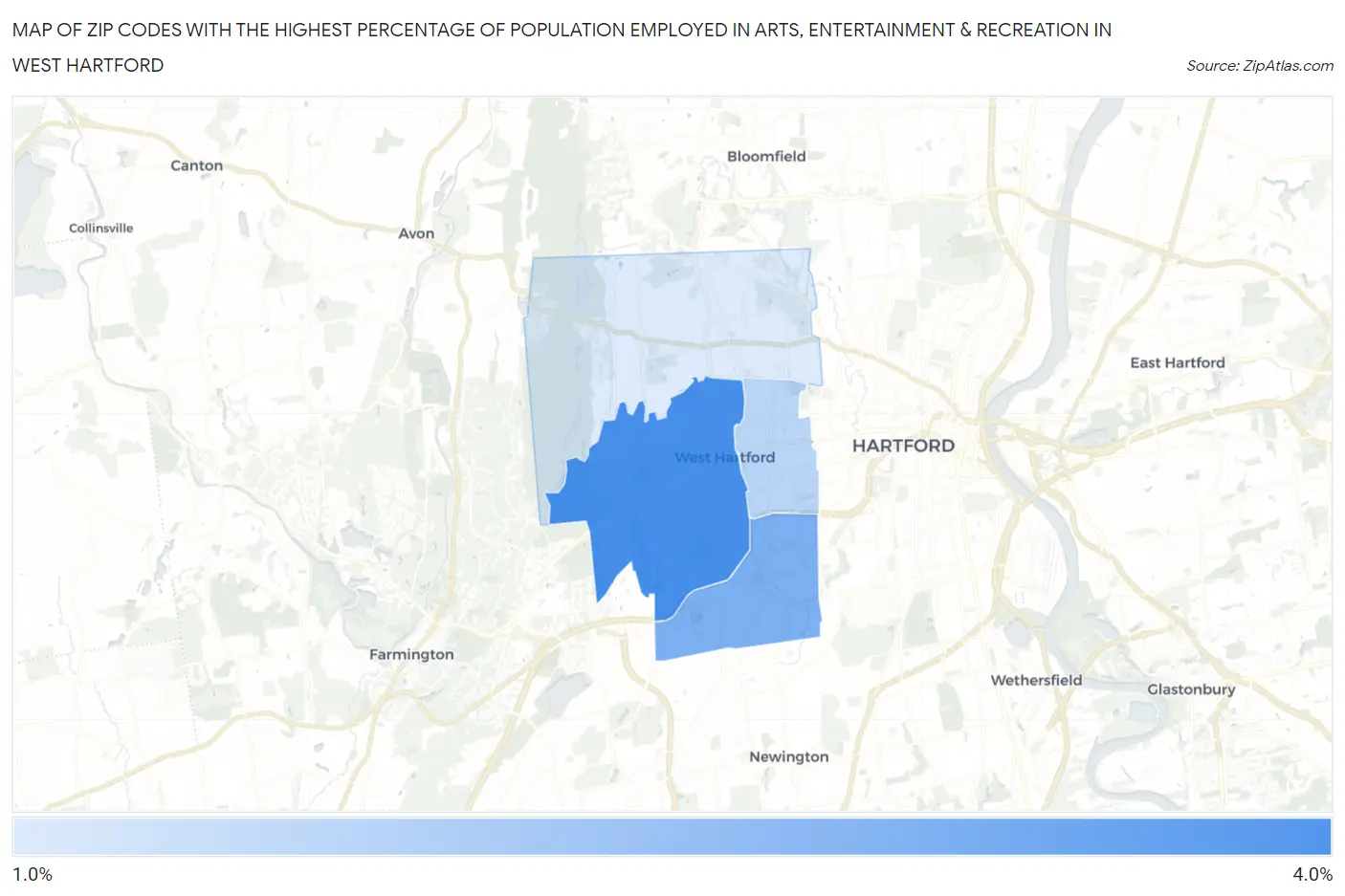 Zip Codes with the Highest Percentage of Population Employed in Arts, Entertainment & Recreation in West Hartford Map