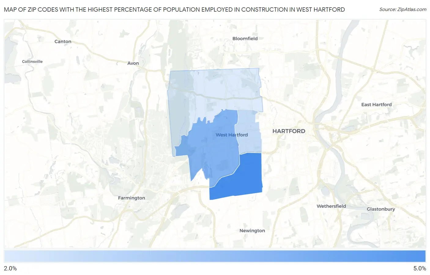 Zip Codes with the Highest Percentage of Population Employed in Construction in West Hartford Map
