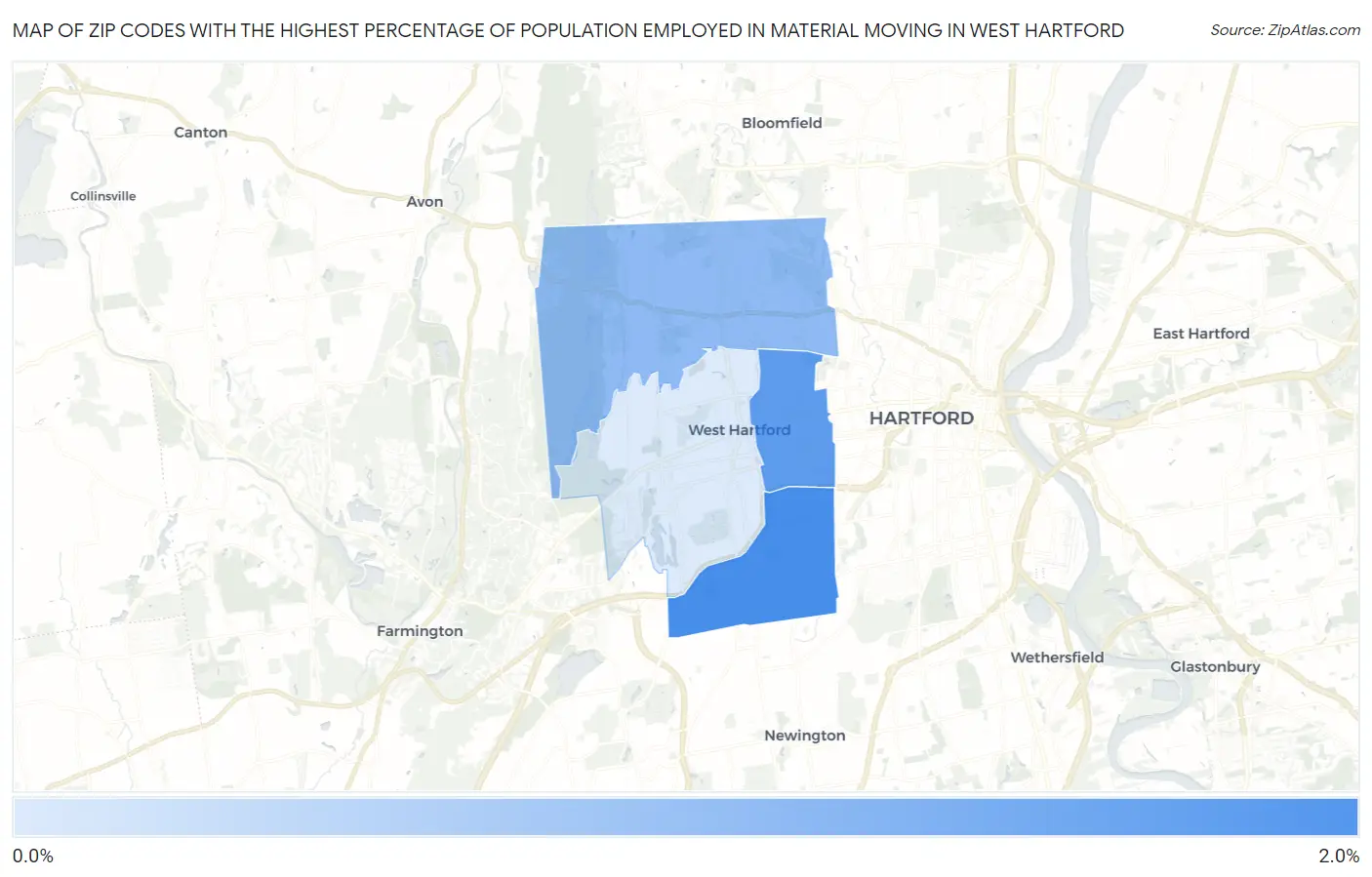 Zip Codes with the Highest Percentage of Population Employed in Material Moving in West Hartford Map