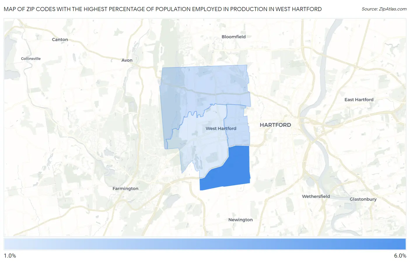 Zip Codes with the Highest Percentage of Population Employed in Production in West Hartford Map