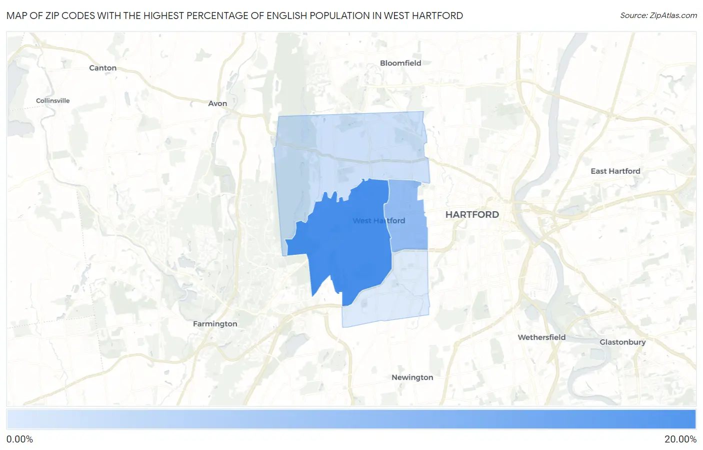 Zip Codes with the Highest Percentage of English Population in West Hartford Map