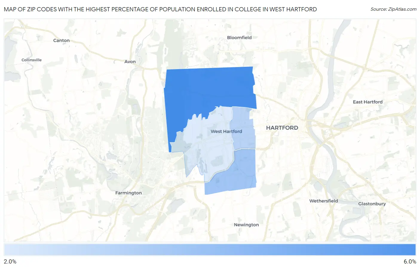 Zip Codes with the Highest Percentage of Population Enrolled in College in West Hartford Map