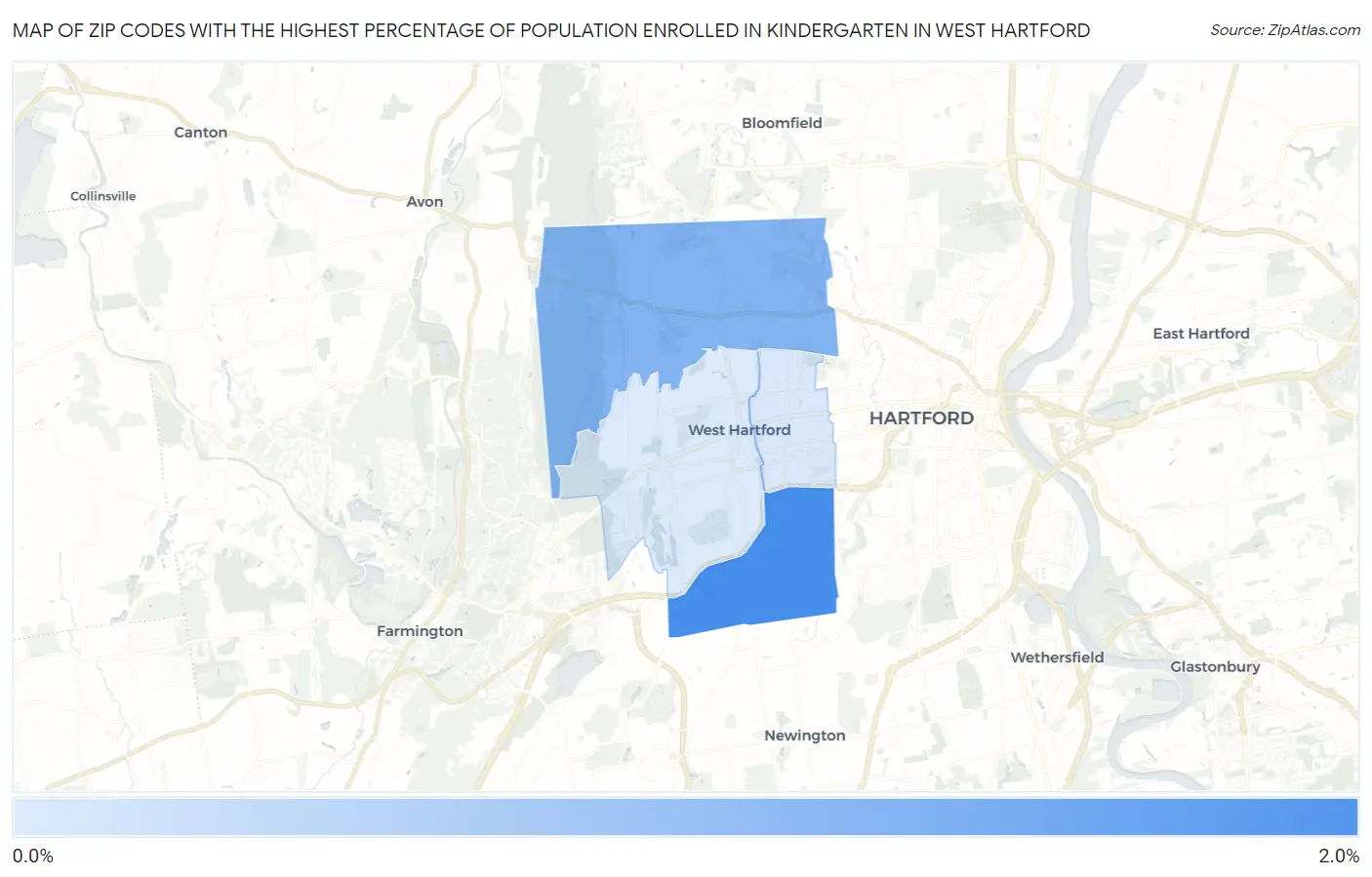 Zip Codes with the Highest Percentage of Population Enrolled in Kindergarten in West Hartford Map