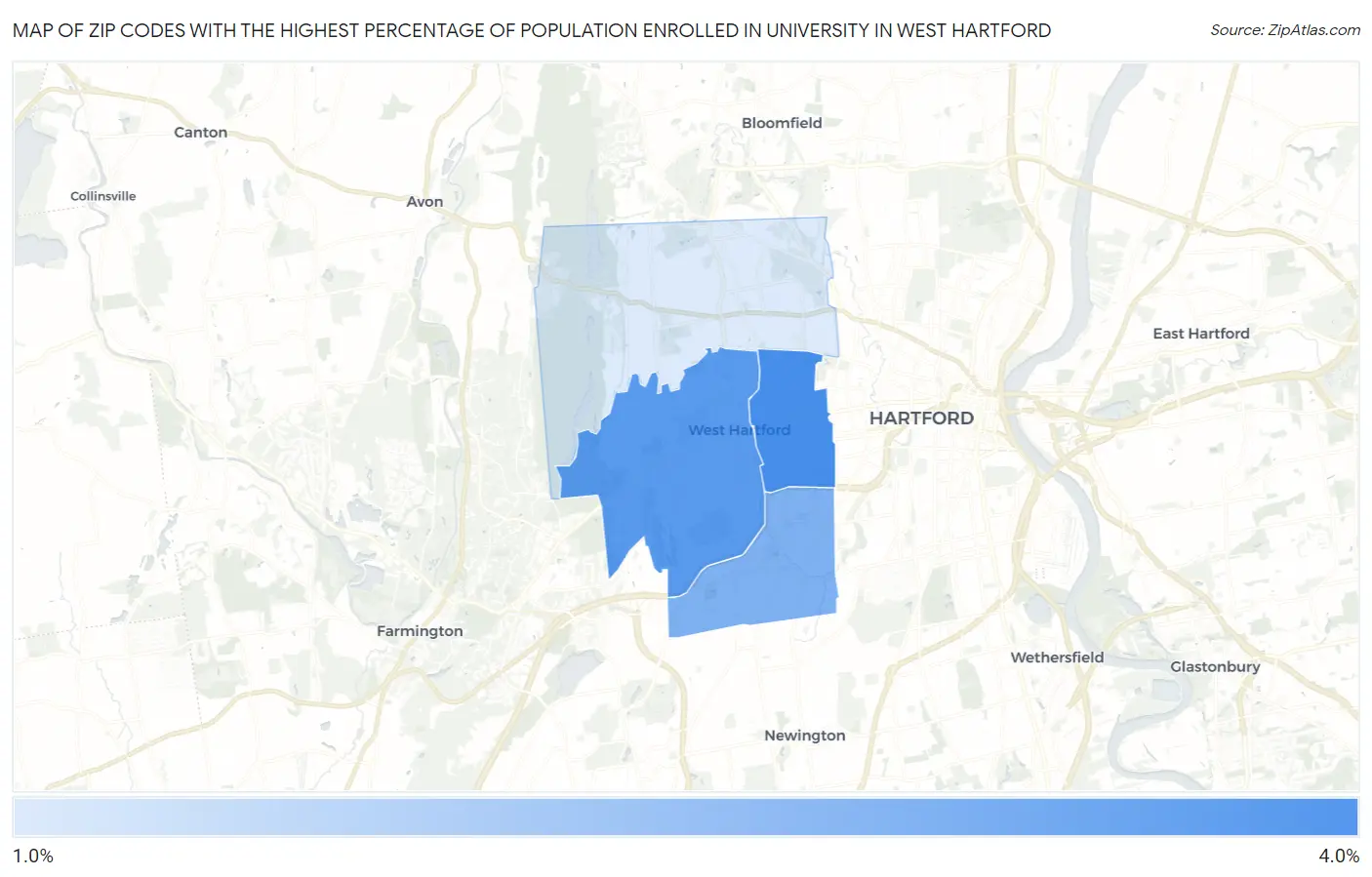 Zip Codes with the Highest Percentage of Population Enrolled in University in West Hartford Map