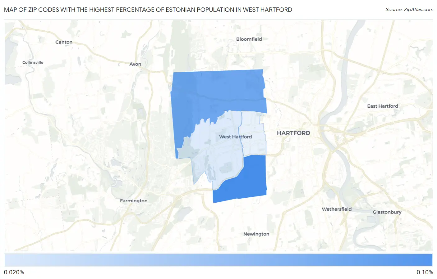 Zip Codes with the Highest Percentage of Estonian Population in West Hartford Map