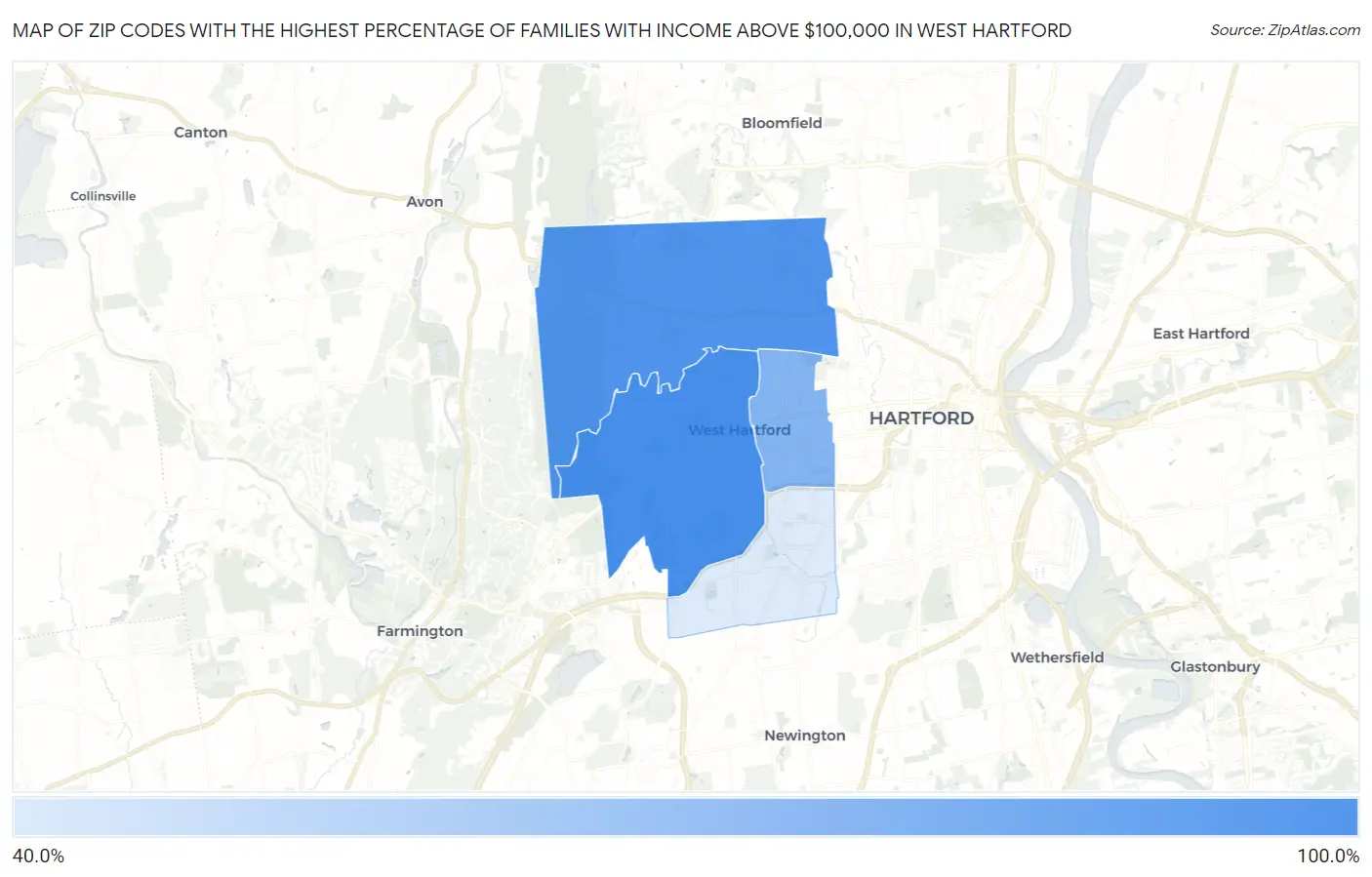 Zip Codes with the Highest Percentage of Families with Income Above $100,000 in West Hartford Map