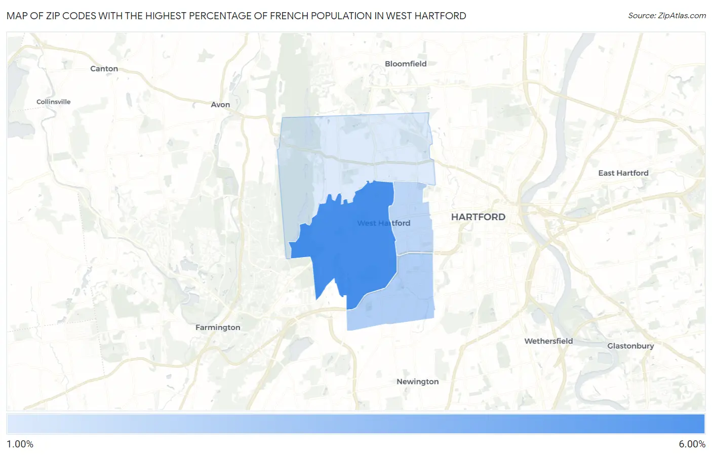 Zip Codes with the Highest Percentage of French Population in West Hartford Map