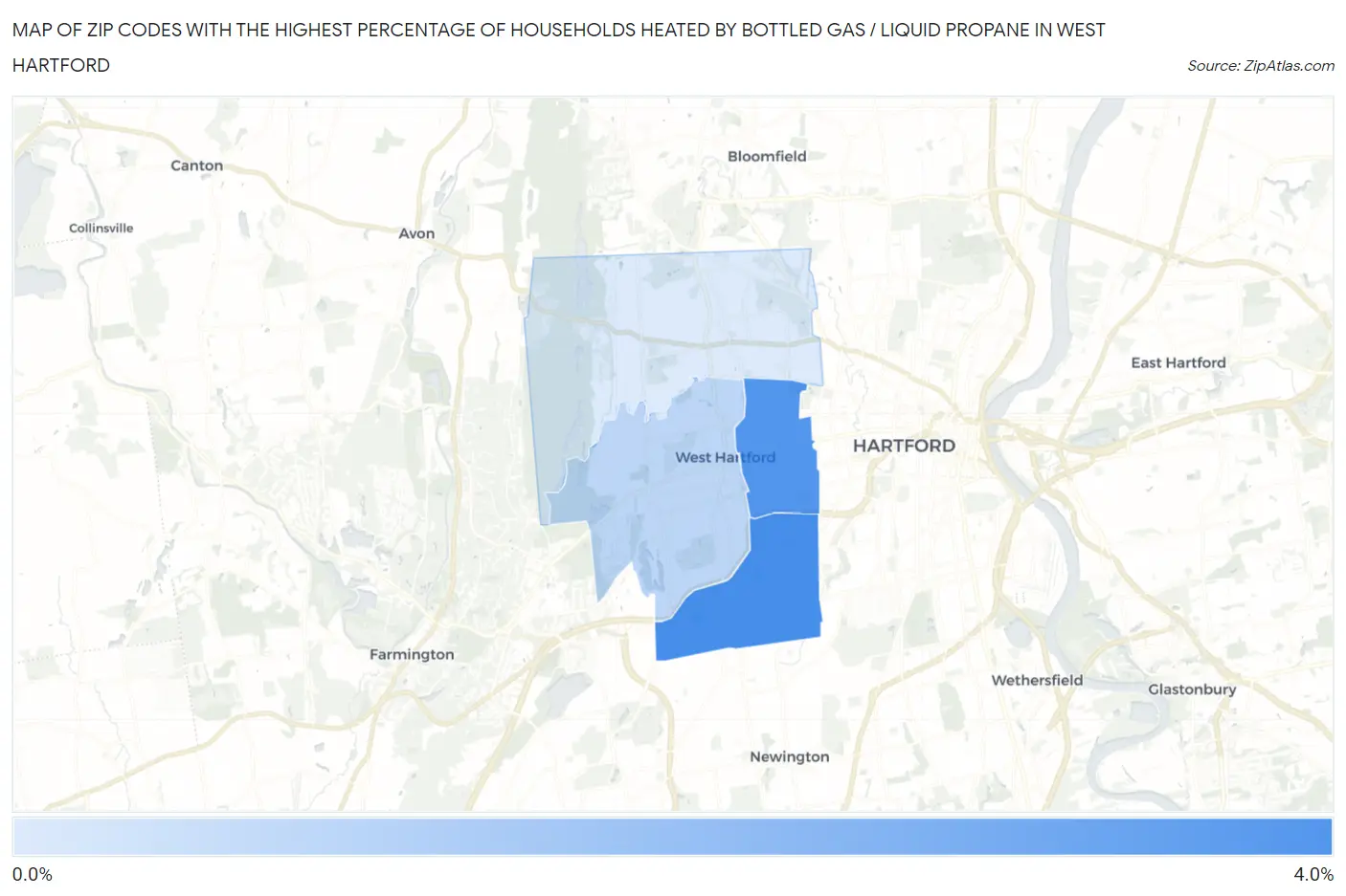 Zip Codes with the Highest Percentage of Households Heated by Bottled Gas / Liquid Propane in West Hartford Map