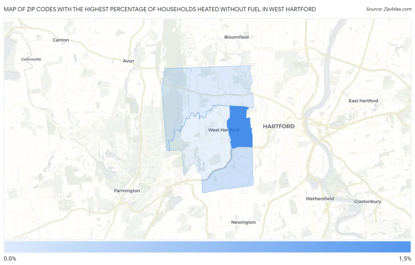 Zip Codes with the Highest Percentage of Households Heated without Fuel in West Hartford Map