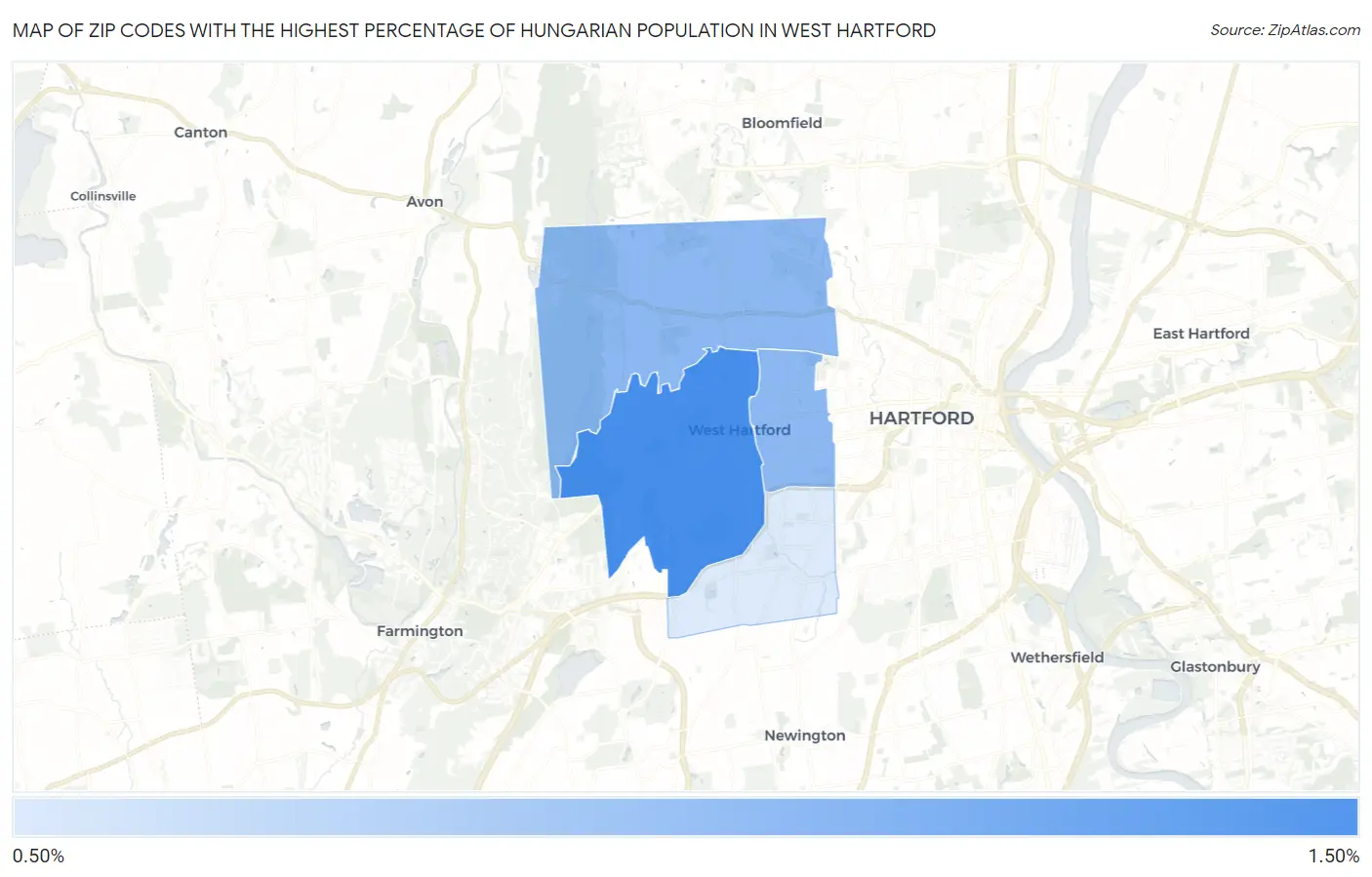 Zip Codes with the Highest Percentage of Hungarian Population in West Hartford Map