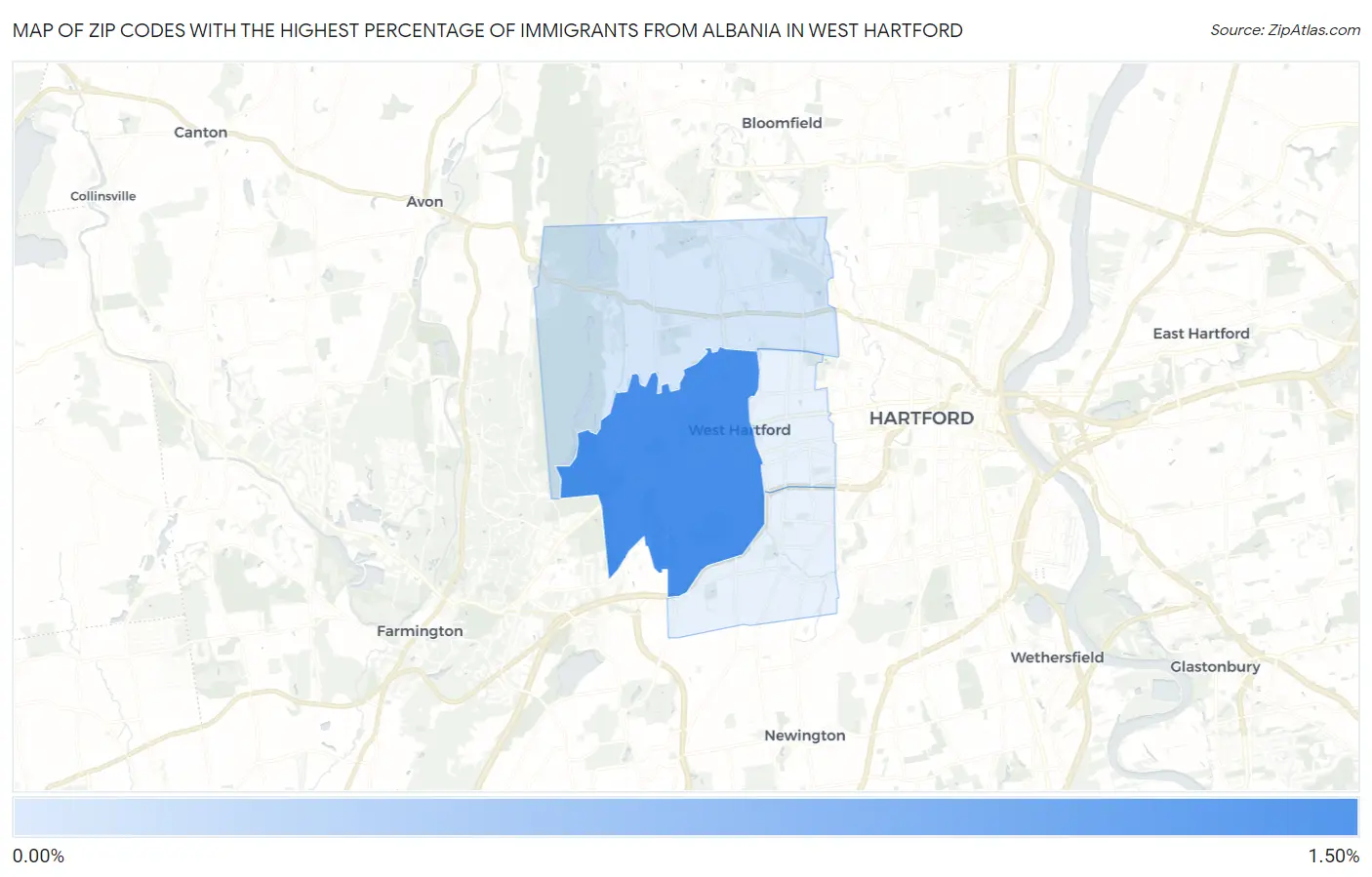 Zip Codes with the Highest Percentage of Immigrants from Albania in West Hartford Map