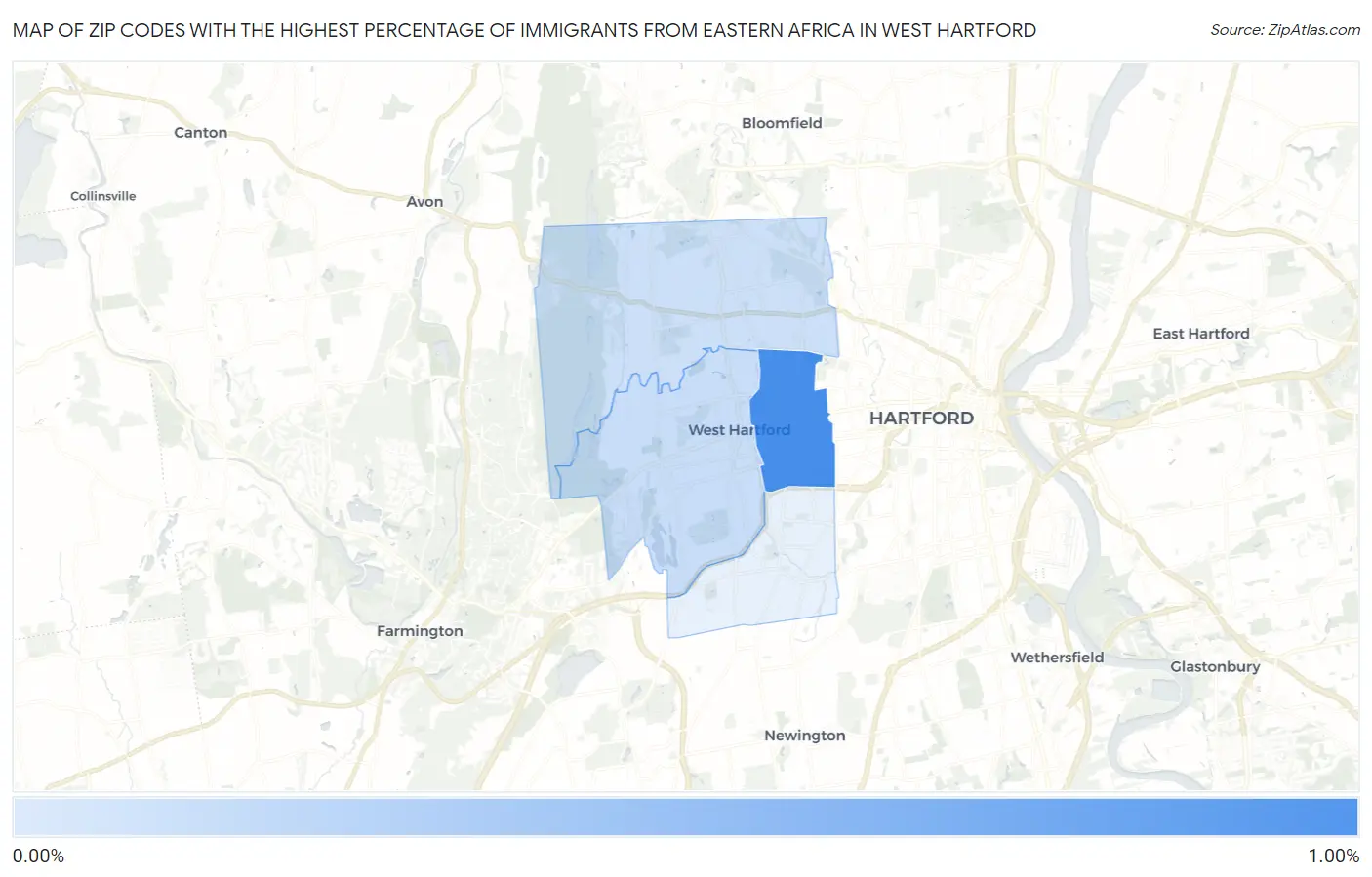 Zip Codes with the Highest Percentage of Immigrants from Eastern Africa in West Hartford Map