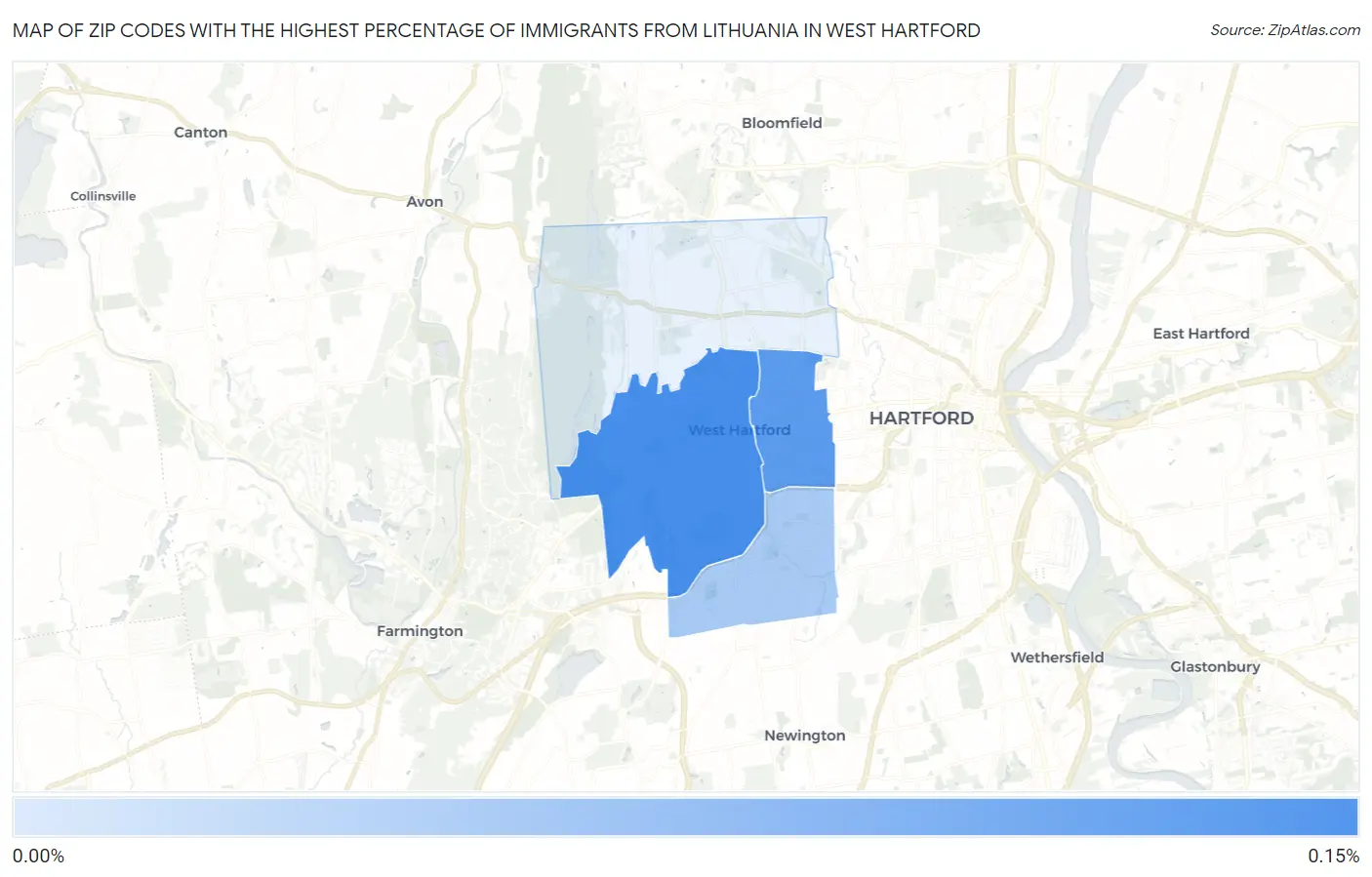 Zip Codes with the Highest Percentage of Immigrants from Lithuania in West Hartford Map