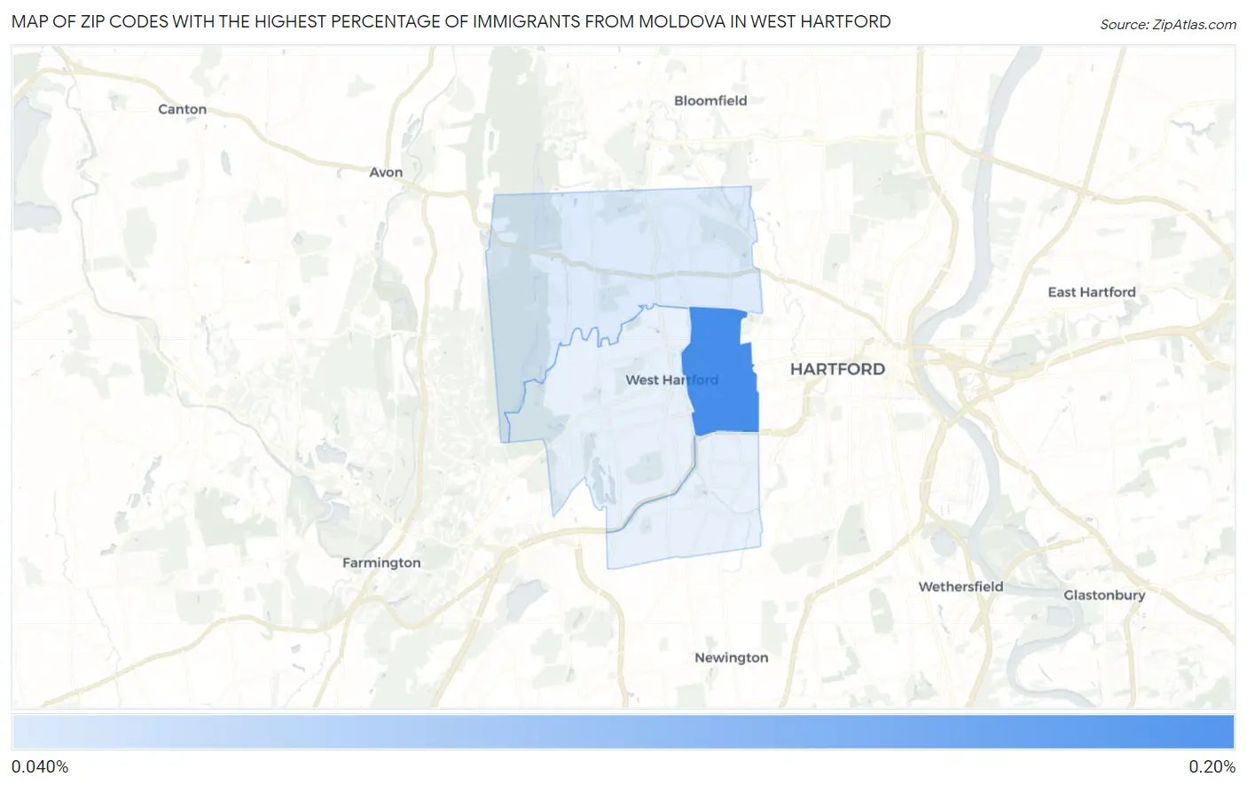 Zip Codes with the Highest Percentage of Immigrants from Moldova in West Hartford Map