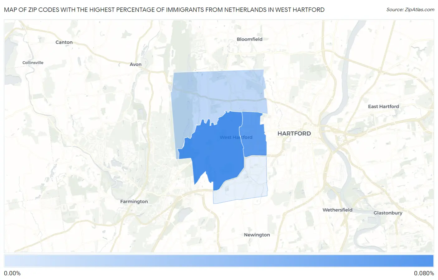 Zip Codes with the Highest Percentage of Immigrants from Netherlands in West Hartford Map
