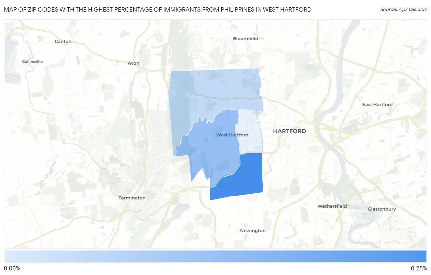 Zip Codes with the Highest Percentage of Immigrants from Philippines in West Hartford Map