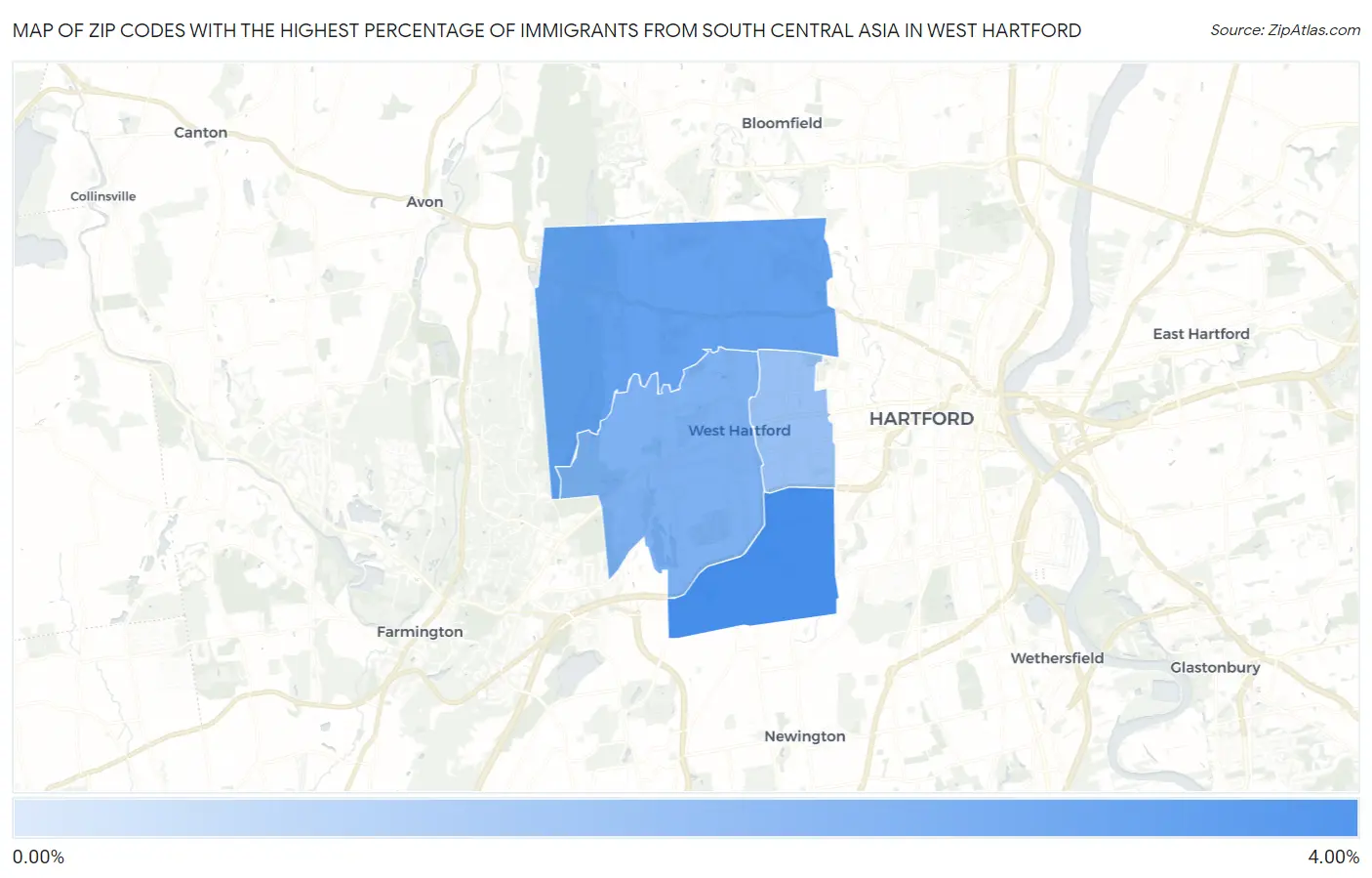 Zip Codes with the Highest Percentage of Immigrants from South Central Asia in West Hartford Map