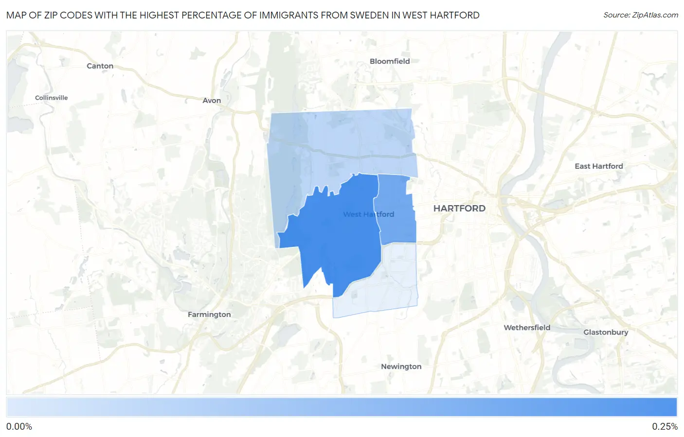 Zip Codes with the Highest Percentage of Immigrants from Sweden in West Hartford Map