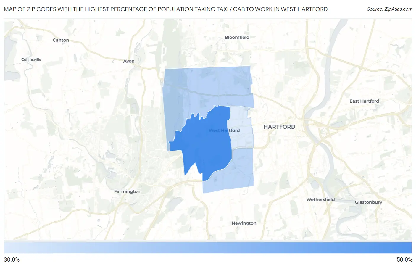 Zip Codes with the Highest Percentage of Population Taking Taxi / Cab to Work in West Hartford Map
