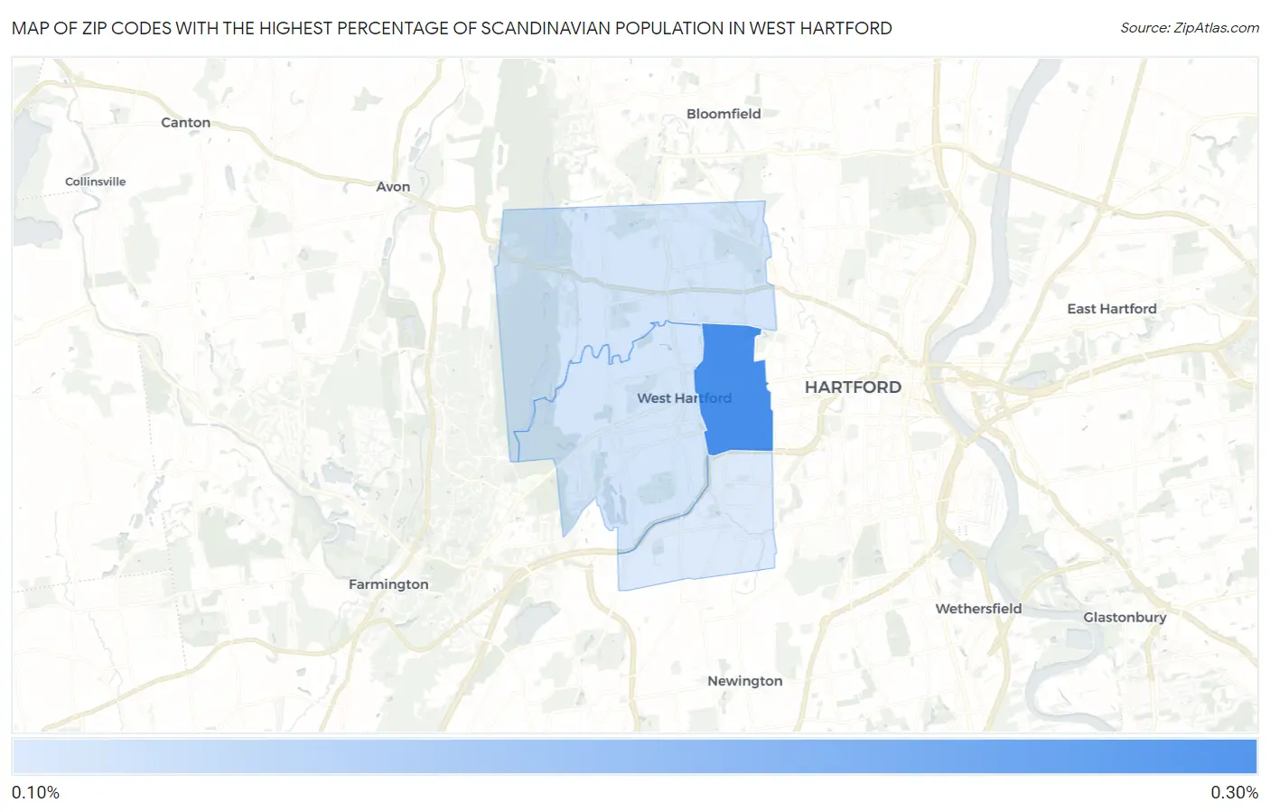 Zip Codes with the Highest Percentage of Scandinavian Population in West Hartford Map