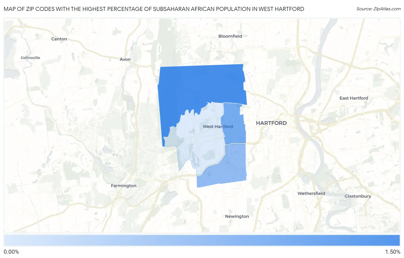 Zip Codes with the Highest Percentage of Subsaharan African Population in West Hartford Map