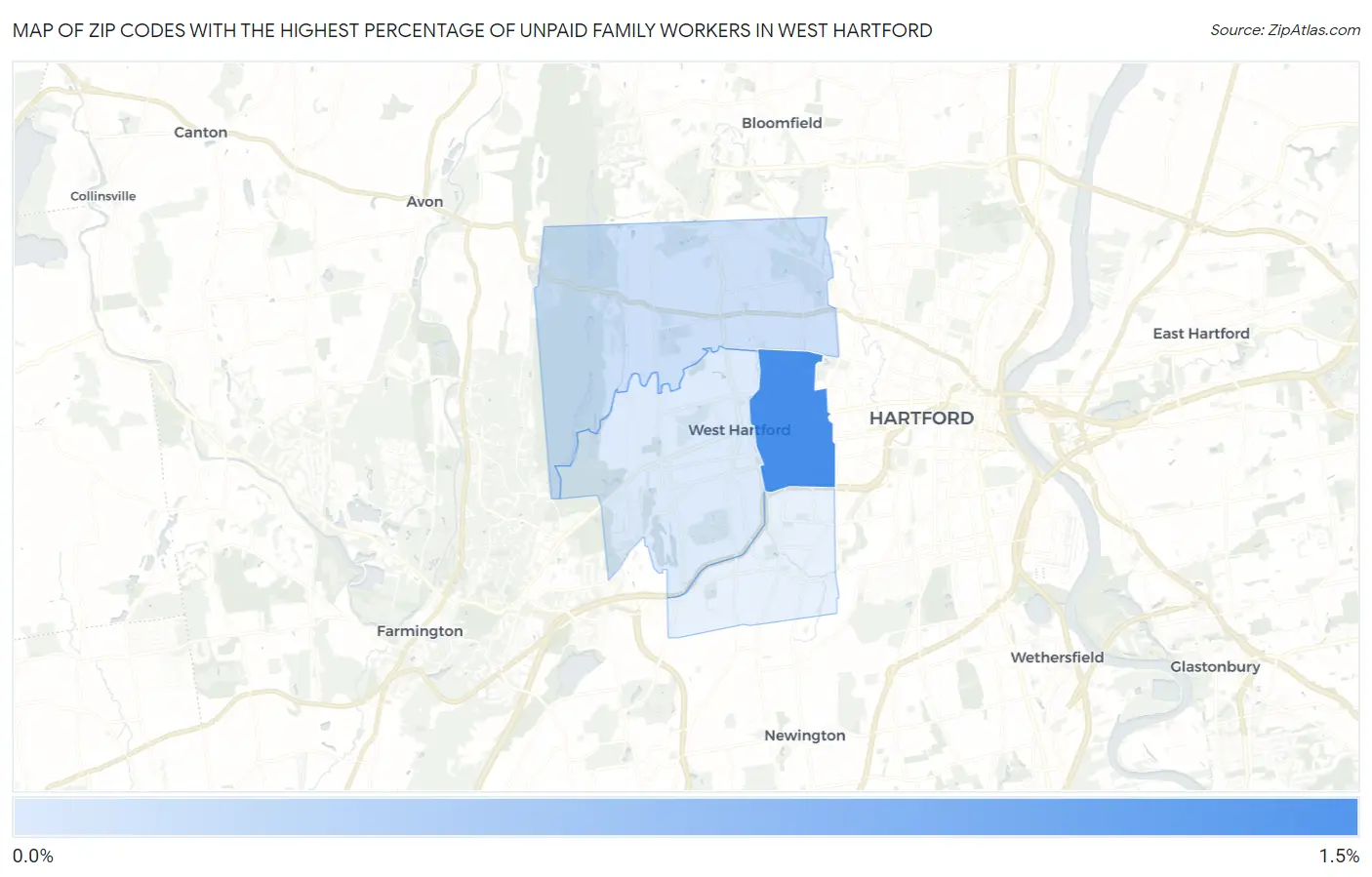 Zip Codes with the Highest Percentage of Unpaid Family Workers in West Hartford Map