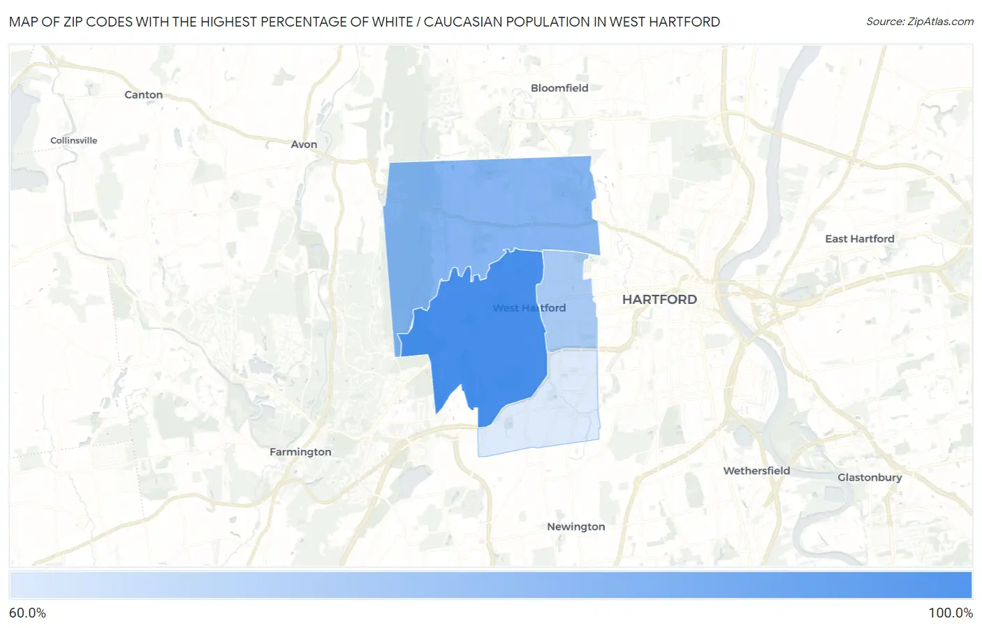 Zip Codes with the Highest Percentage of White / Caucasian Population in West Hartford Map