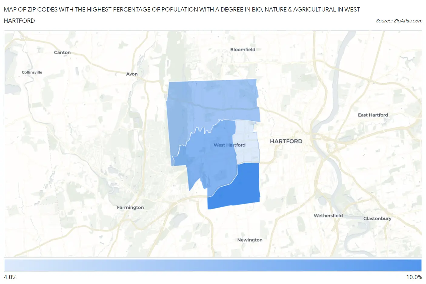 Zip Codes with the Highest Percentage of Population with a Degree in Bio, Nature & Agricultural in West Hartford Map