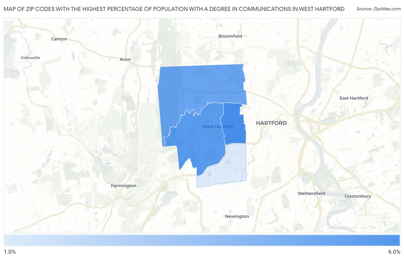 Zip Codes with the Highest Percentage of Population with a Degree in Communications in West Hartford Map