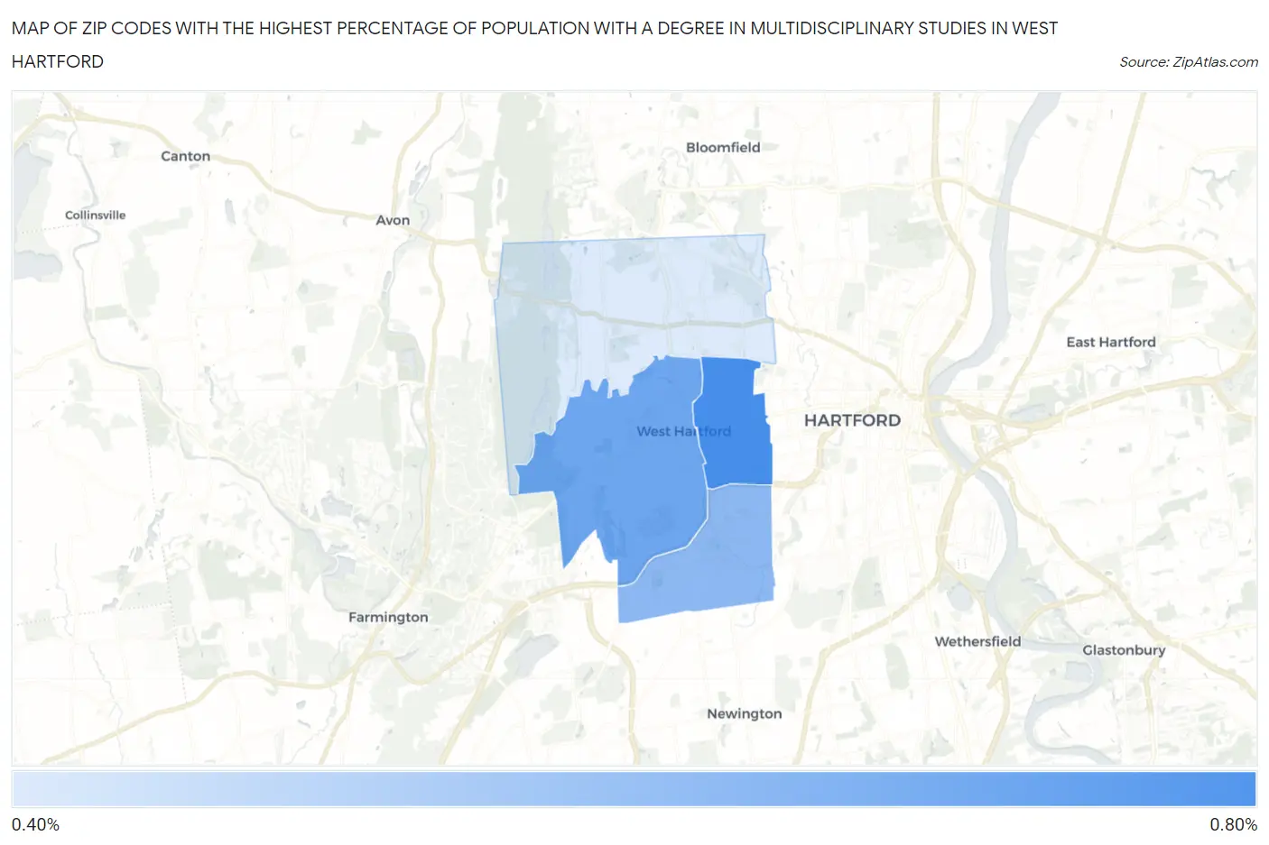 Zip Codes with the Highest Percentage of Population with a Degree in Multidisciplinary Studies in West Hartford Map