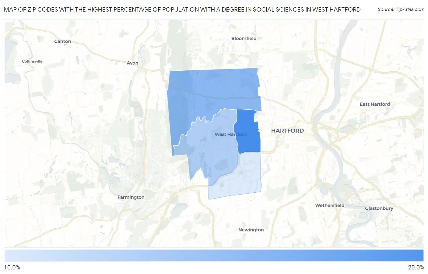 Zip Codes with the Highest Percentage of Population with a Degree in Social Sciences in West Hartford Map
