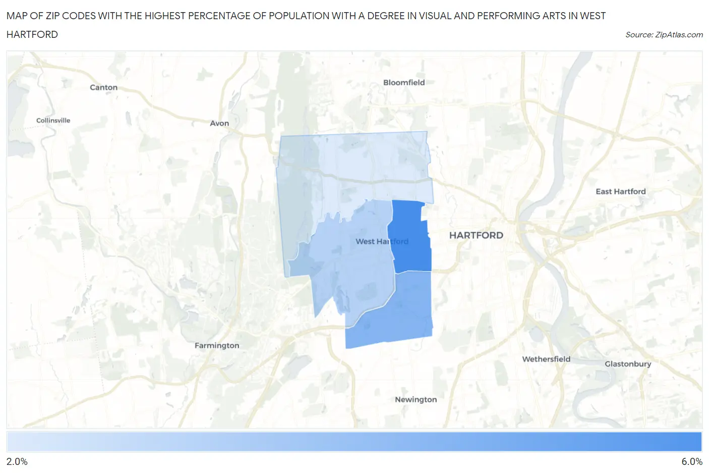 Zip Codes with the Highest Percentage of Population with a Degree in Visual and Performing Arts in West Hartford Map