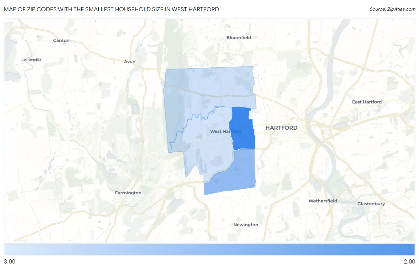 Zip Codes with the Smallest Household Size in West Hartford Map