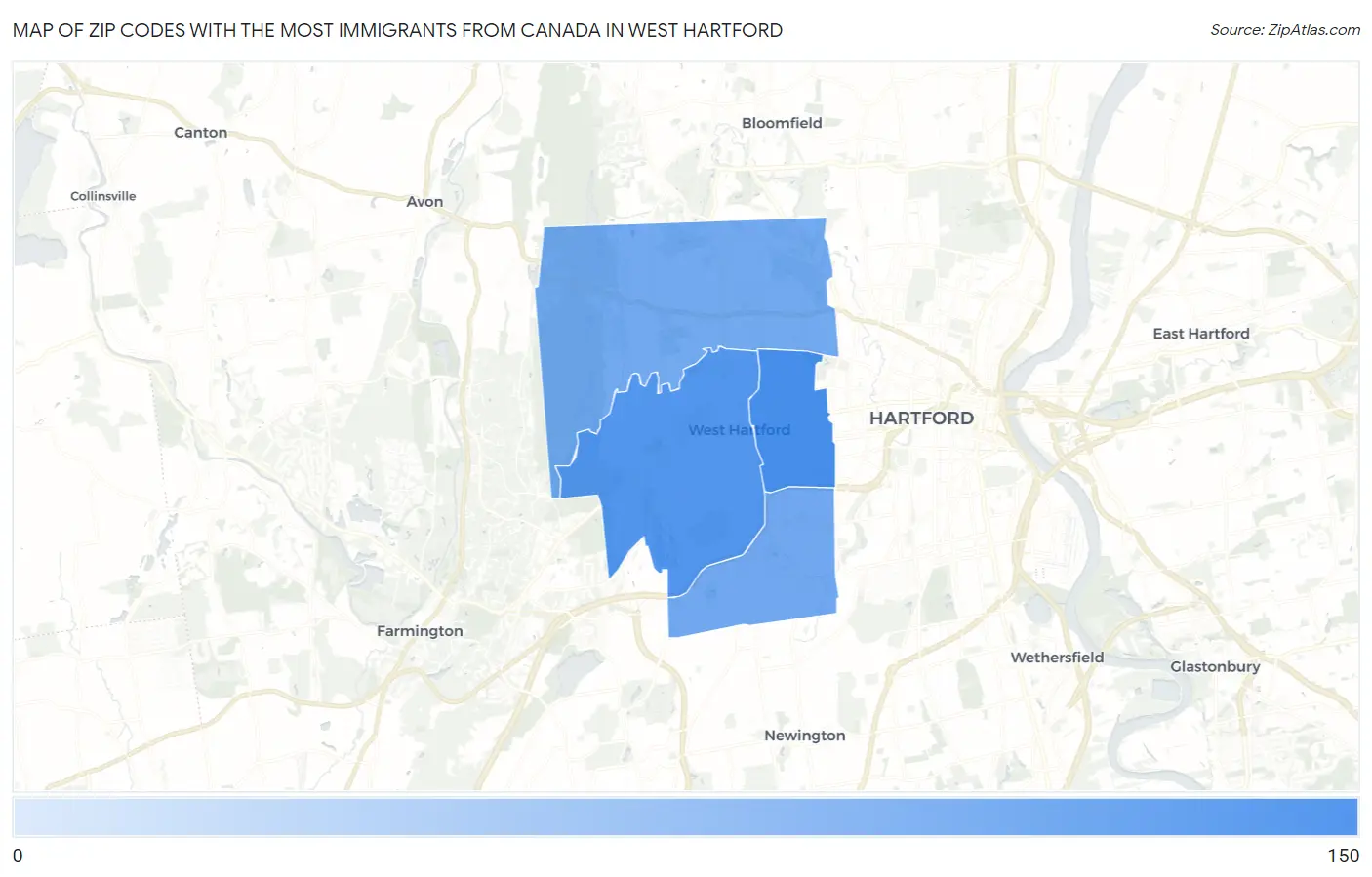 Zip Codes with the Most Immigrants from Canada in West Hartford Map