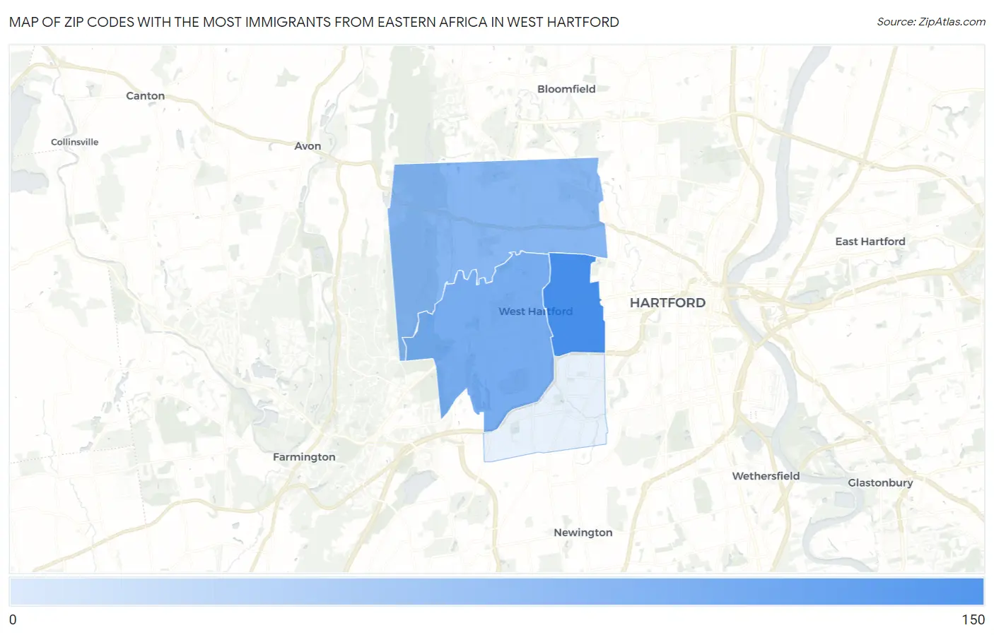 Zip Codes with the Most Immigrants from Eastern Africa in West Hartford Map