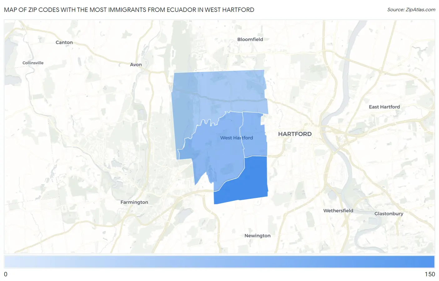 Zip Codes with the Most Immigrants from Ecuador in West Hartford Map