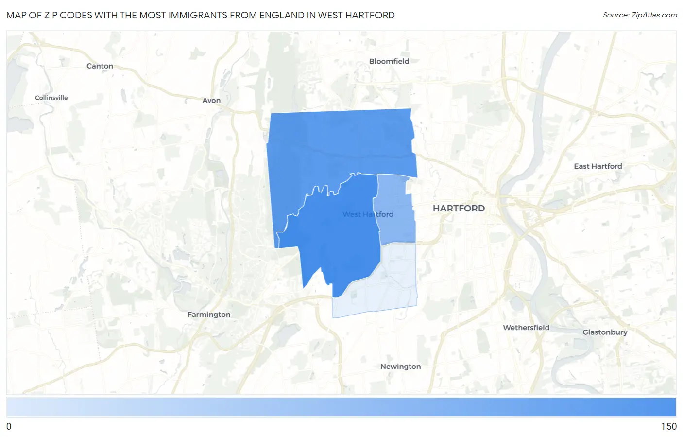 Zip Codes with the Most Immigrants from England in West Hartford Map