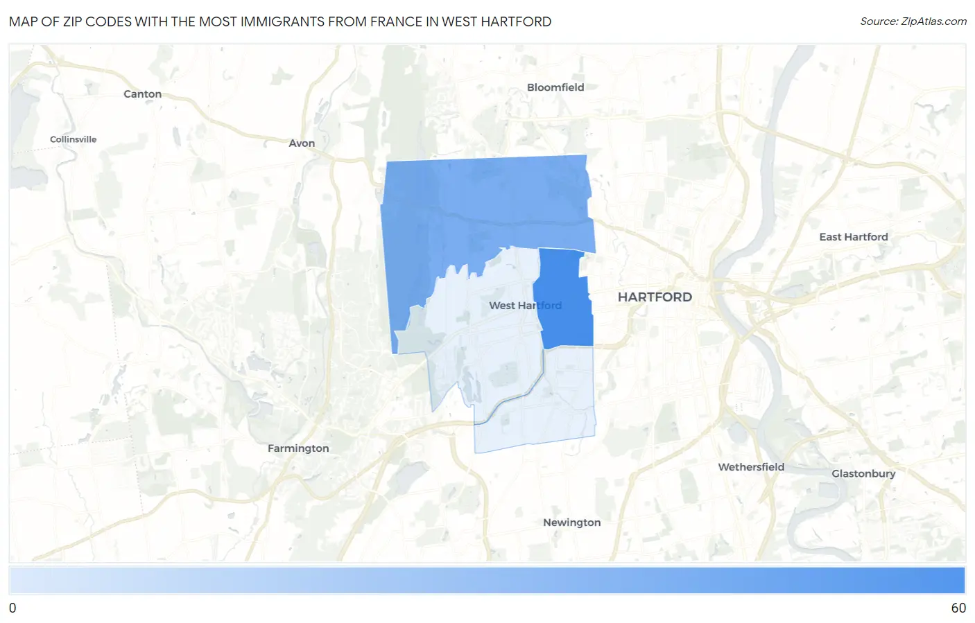 Zip Codes with the Most Immigrants from France in West Hartford Map