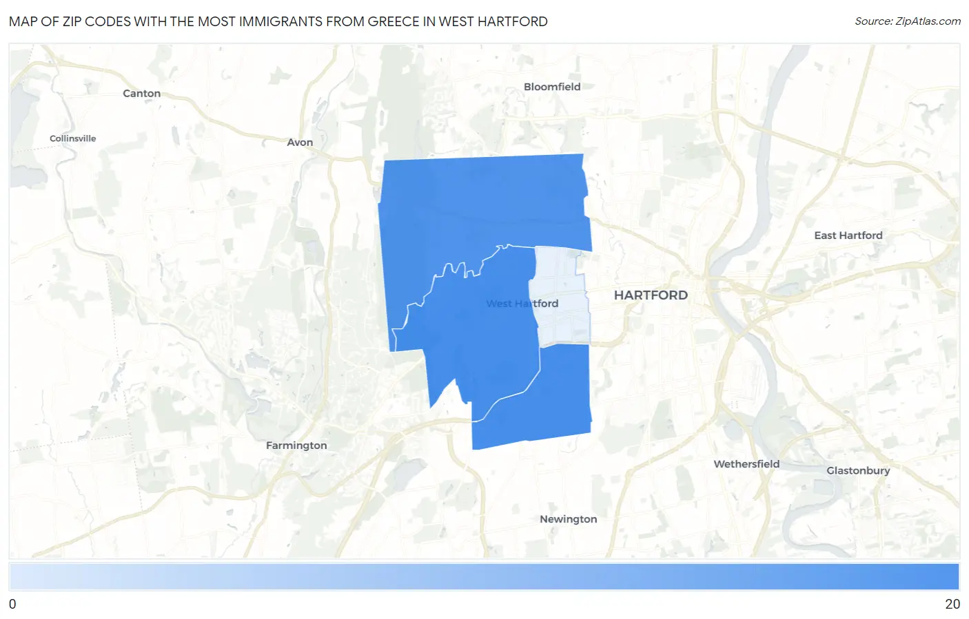 Zip Codes with the Most Immigrants from Greece in West Hartford Map