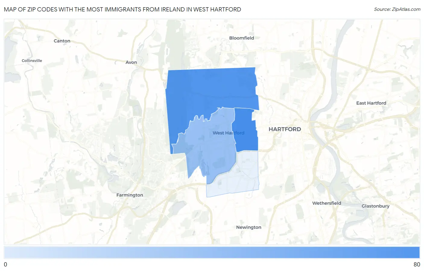 Zip Codes with the Most Immigrants from Ireland in West Hartford Map