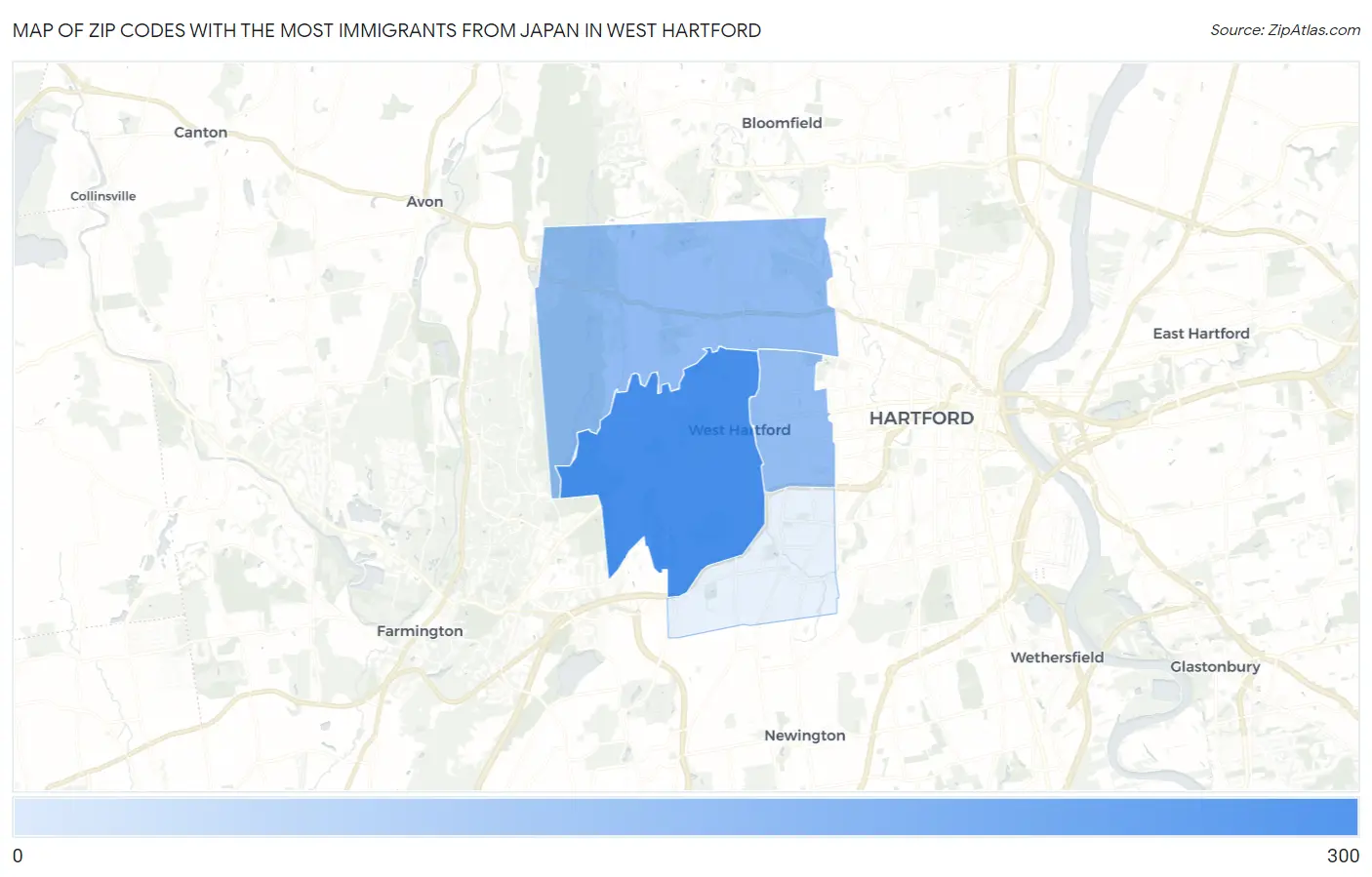 Zip Codes with the Most Immigrants from Japan in West Hartford Map