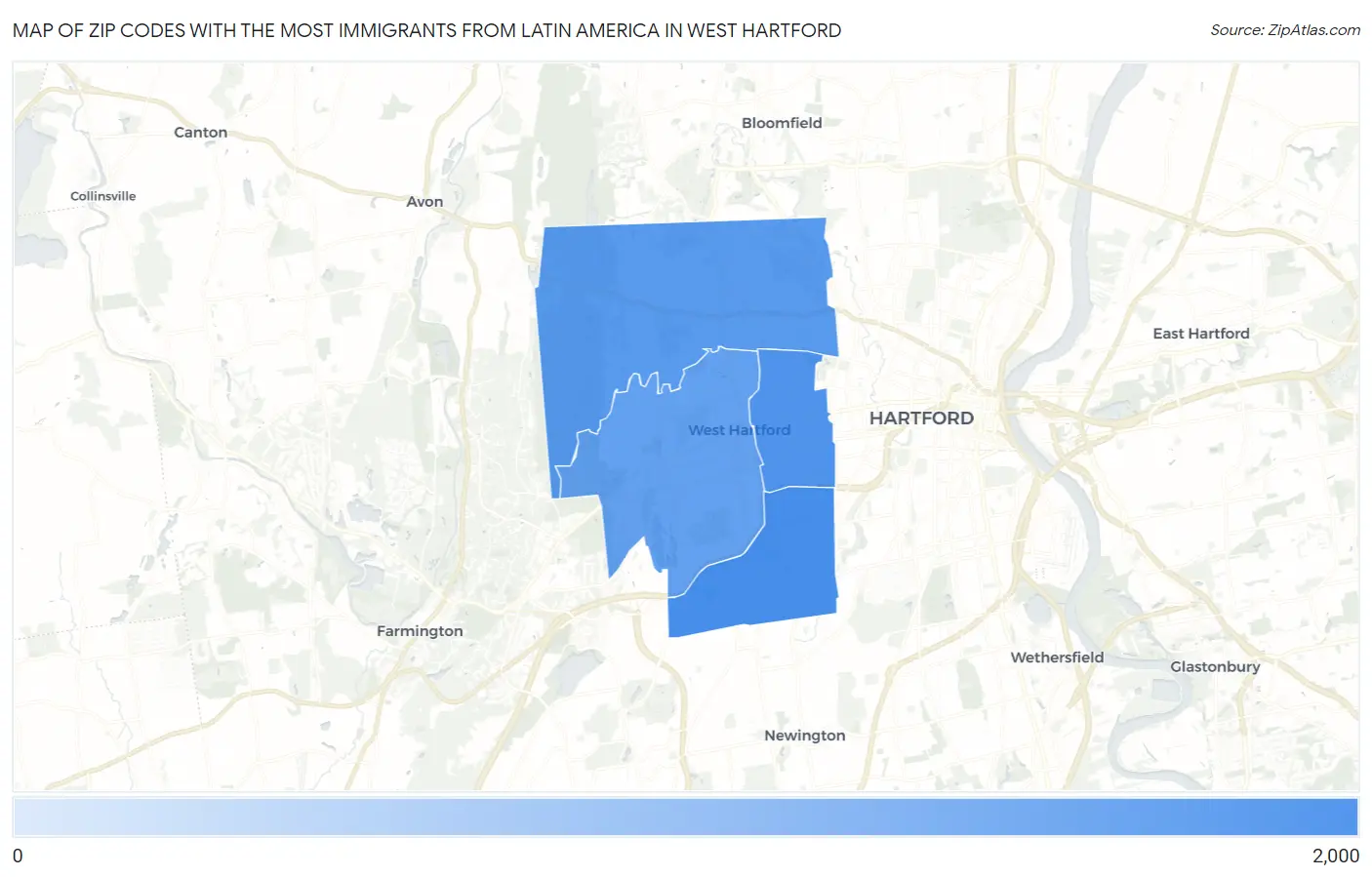 Zip Codes with the Most Immigrants from Latin America in West Hartford Map