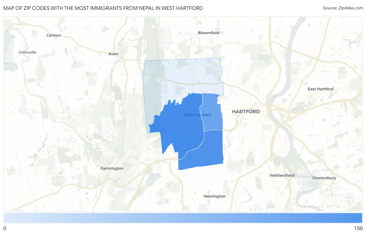 Zip Codes with the Most Immigrants from Nepal in West Hartford Map