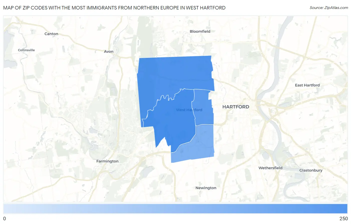 Zip Codes with the Most Immigrants from Northern Europe in West Hartford Map